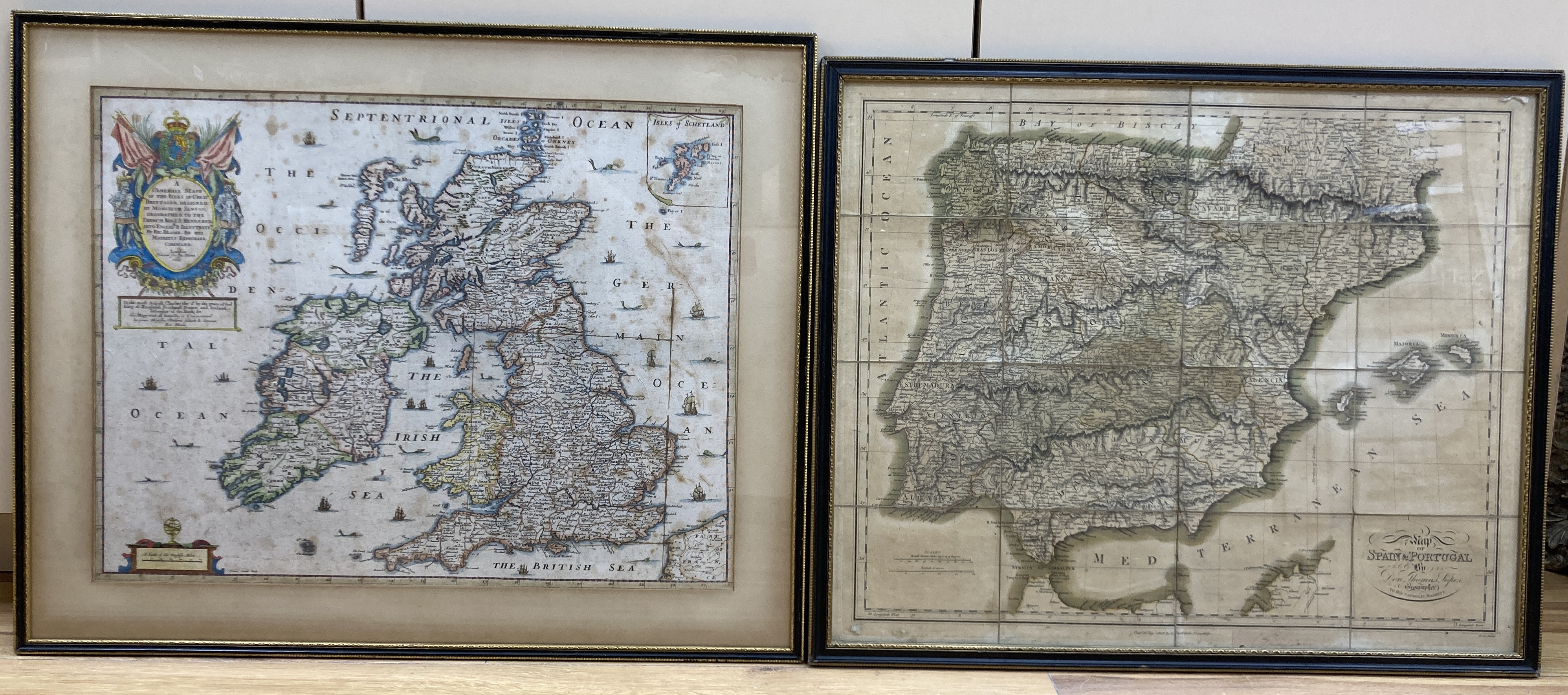 Richard Blome, coloured engraving, A general Mapp of the Isles of Great Brittaine, London, 1669 (damp spotted), 40 x 52cm and Don Thomas Lopez - Map of Spain and portugal, London, 1808